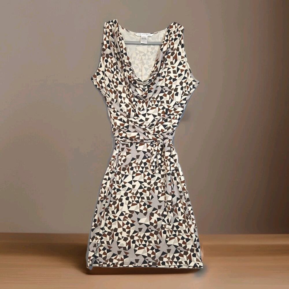 Diane Von Furstenberg DVF Keesa Dress 4 Brown Silk Cowl Neck Blouson Geo Design